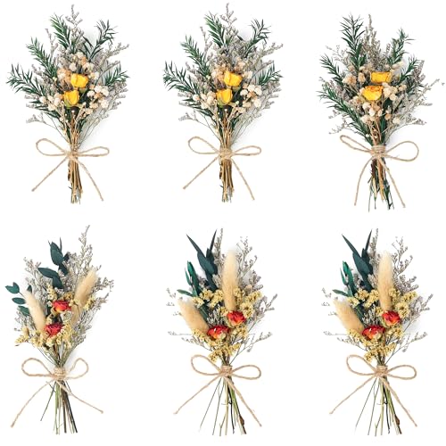 Mini Dried Rose Bouquet (6pcs), Natural Dried Flower Bouquet, Dried Pampas Grass, Groom & Best Man Corsages, Dried Cake Flowers, Gift Box Filled with Dried Flowers, Wedding Accompaniments.(Red) - color: Red