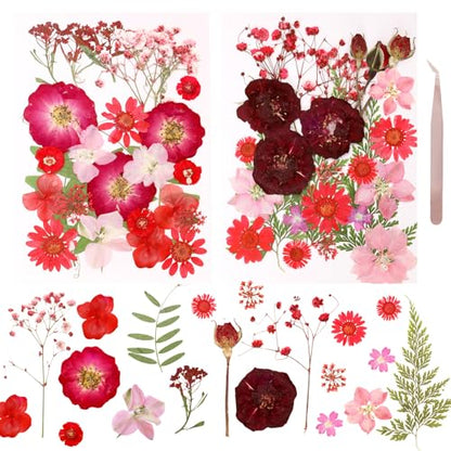 Dried Pressed Flowers Real Pressed Flowers Natural Dry Leaves Bulk Mixed Colorful Herbs Kit with Tweezers for Scrapbooking DIY Candle Jewelry Crafts Making Nails (Red) - color: Red