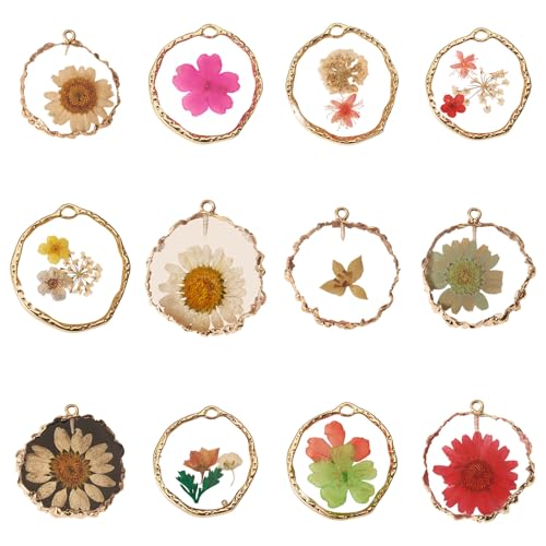 Natural Dried Pressed Flower Charms Geometric Shape Dried Flower Resin Charms Epoxy Resin Floral Pendants for DIY Crafts Necklace Earring Keychain Jewelry Making - color: Mixed Color-Flat Round Flower