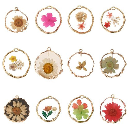 Natural Dried Pressed Flower Charms Geometric Shape Dried Flower Resin Charms Epoxy Resin Floral Pendants for DIY Crafts Necklace Earring Keychain Jewelry Making - color: Mixed Color-Flat Round Flower