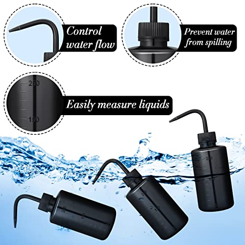 Nuogo 9 Pcs 250 ml Tattoo Wash Bottle Water Squirt Bottle Lab Squeeze Bottles Lash Water with Narrow Mouth Scale Labels Safety Rinse for Eyelash Extensions, Succulent Watering(Black) - color: Black