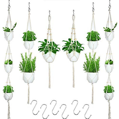 6 Pieces Macrame Plant Hangers with 6 Hooks, Different Tiers, Handmade Rope Hanging Planters Set Flower Pots Holder Stand Hanging Plant Holder for Indoor Outdoor Boho Home Decor (Creamy White)