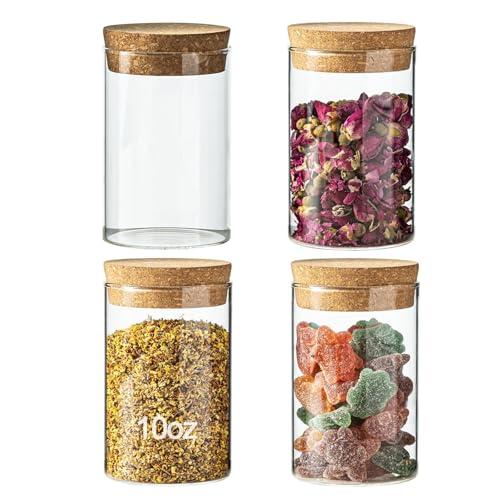 10oz Glass Storage Container - Airtight Glass Jars with Cork Lid, Spice Jars, Candy Jar, Food Storage Jars for Candy, Spices, Coffee, Tea, Nuts (4PCS) - color: 4PCS