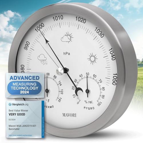 MAVORI® 3in1 Weather Station Analog - Barometer, Hygrometer & Thermometer for Indoor - Ø 13,5cm Stainless Steel Frame with Acrylic Glass - Great Barometers for Home - Barometric Pressure Gauge