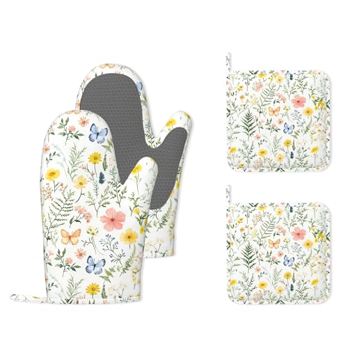 Wildflowers Oven Mitts and Pot Holders (4PCS),Vintage Plants Herb Flower Butterfly Heat Resistant Non-Slip Silicone Kitchen Gloves for Cooking, Baking, BBQ Waterproof Kitchen Accessories - color: Wildflowers Vintage Plants Herb Flower Butterfly