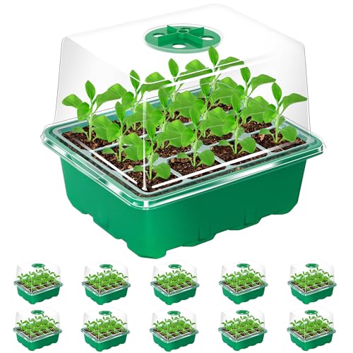 10-Pack Seed Starter Trays, Tall Dome, Base, 12-Cell Tray, Green | 10 Seedling Kits with Tall Domes for Large Seed Starting. Adjustable Vents, Clear Trays & Heat Mat Compatibility, Indoor Use - color: Green, size: 10 Packs