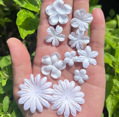 100 Pcs Handmade Mulberry Paper Flowers 3 mm - 1.5 Inch Scrapbooking Wedding DIY Craft Supplies Card. (Mixed White Flowers) - color: Lavender Tone