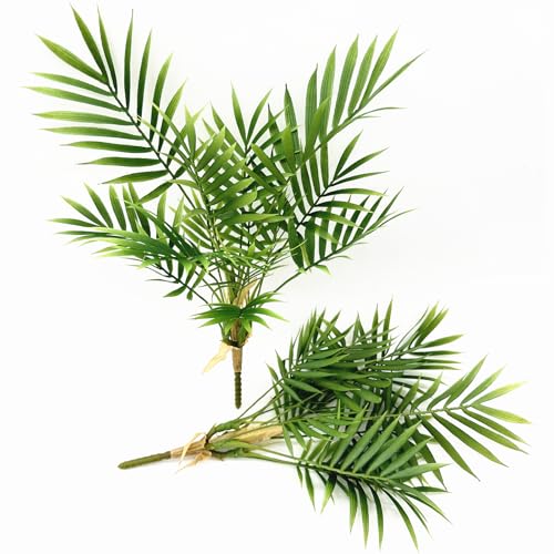 Artificial Parlor Palm Plants, Set of 2 - Realistic Faux Tropical Greenery Stems Small Fake Areca Palm Leaves Mini Palm Tree for Vase Fill, Home Office Decor, Indoor Outdoor Wedding & Event Decoration - color: Small Palm Plant - 2 Pcs