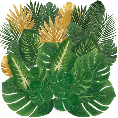 Sggvecsy 110 Pieces 11 Kinds Artificial Tropical Palm Leaves Tropical Leaves Monstera Leaves Safari Jungle Leaf with Stems for Hawaiian Luau Party Table Wedding Shower Birthday Theme Decorations - size: 110 pcs