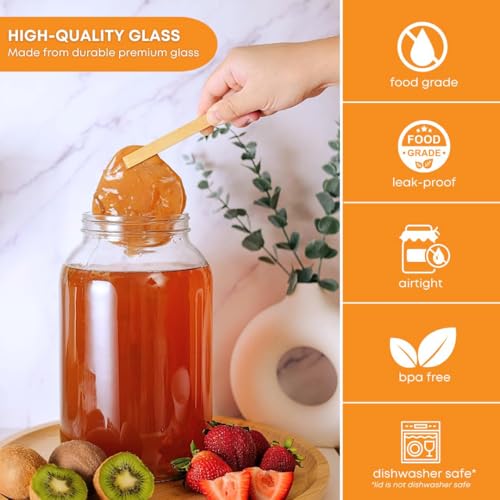 1 Gallon Glass Jar with Lid | Wide Mouth Food Storage and Fermentation Jar | Heavy-duty Glass Jars with Lids for kombucha, pickling and dry goods | Large Glass Jar with Lid has a reusable plastic cap - size: 1 Pack