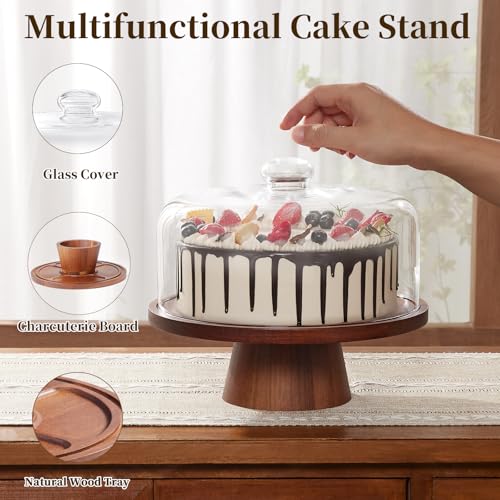 VIVIRBIEN Wooden Cake Stand with Lid: 11in Stand w/Magnetic Pedestal | Durable Glass Dome-Solid Acacia Holder-Multi-use for Dessert/Cupcake-Ideal for Kitchen/Birthday/Party/Decor/Charcuterie