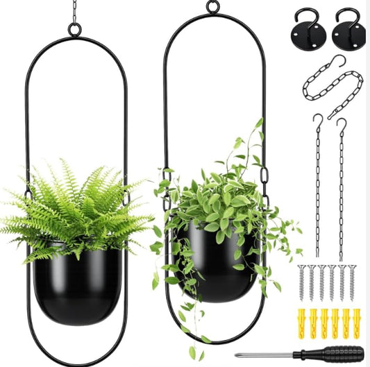 Bamworld Black Hanging Planters for Indoor Outdoor Plants Metal Hanging Pot | 5.5 Inch Modern Hanging Baskets, Window Plant Hanger, Ceiling Hanging Flower Pots with Chain for Wall Decor, Oval, 2pcs - size: Oval - 5.5in - 2pcs