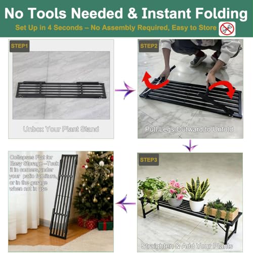 Foldable Single Tier Plant Stand, Heavy Duty Iron Plant Shelf，Anti-Rust Waterproof Flower Pot Stand, Tool-Free Quick Fold, Modern Plant Display for Indoor Outdoor Patio Balcony Garden Livingroom Windowsill ,Plant Lovers, Display Stand （L33" x H7.8" x W9.7