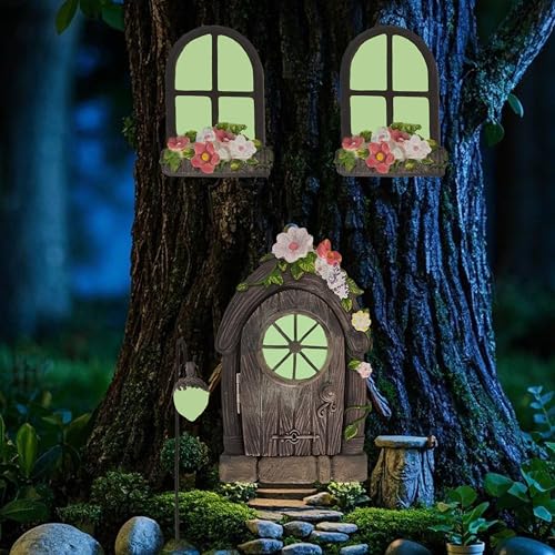 FESTGLOX Fairy Garden Door Windows for Tree Trunk Outdoor, Glow in the Dark - color: Brown and Green