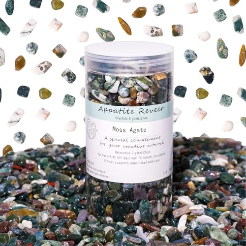 Moss Agate Crystal Chips 2lbs (2000+ pcs) -5-8mm Natural Dendritic Stones for Aquarium Gravel, Terrariums, Plant Growth, Jewelry Making & Abundance Grids,Safe for Fish Tanks & Fairy Gardens - color: Moss Agate, size: 2LB