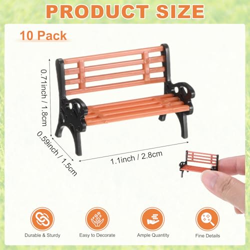 M METERXITY 10-Pack Miniature Park Bench Models, 1.1x0.6x0.7 Inch ABS Mini Village Garden Chair for Terrarium/DIY Micro Landscaping/Dollhouse, Train Platform Bench Figurines [Brown Black] - size: 1.1x0.6x0.7 Inch