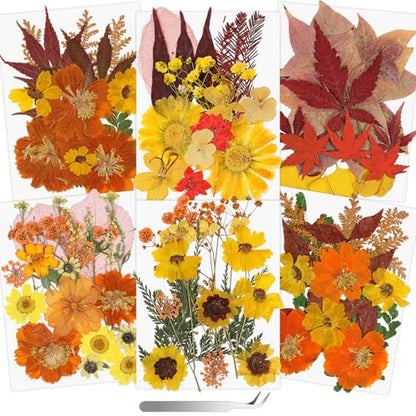 Real Dried Pressed Flowers for Crafts, 100+ PCS Fall Dried Flowers Leaves Nature Flowers Florals Set with Tweezer for Resin Jewelry Making Thanksgiving DIY Candle Scrapbooking Gift (Orange, Yellow) - size: 100 Pcs Pressed Dried Flowers with Tweezers