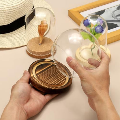 uxcell Round Cloche Glass Dome, 5.9" x 3.9" Decorative Glass Display Bell Jar, Glass Dome Cloche with Light Brown Base for DIY Flower Craft, Collectibles Specimens Plants Dustproof - size: 5.9" x 3.9"