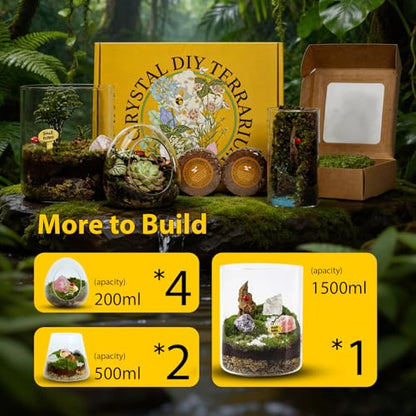 DIY Crystal Terrarium Kit - 21-Pieces All-In-One Starter Kit with Preserved Moss, Pumice, Crystals, Coconut Coir, Tools & Decor | Healing Gift for relaxing | Plants Lovers | Home & Desk Decor