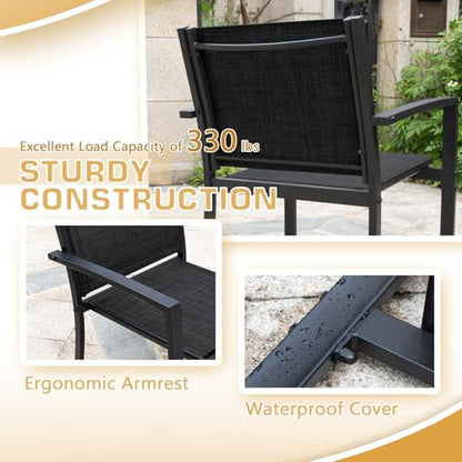 Greesum 4 Pieces Patio Furniture Set Outdoor Conversation Textilene Fabric Chairs for Lawn, Garden, Balcony, Poolside with A Glass Coffee Table, Black - color: Black, style: 4 Pieces
