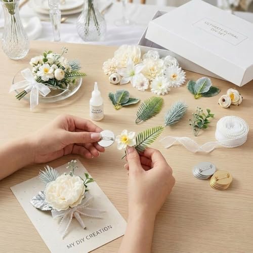 48 White Artificial Flowers, 12 Leaves, 1 Roll White Ribbon 4cm 50Yards, 10 Brooch Pins, DIY Floral Arrangement Set for Wedding Reception, Party, Graduation, Holiday Celebration - color: White