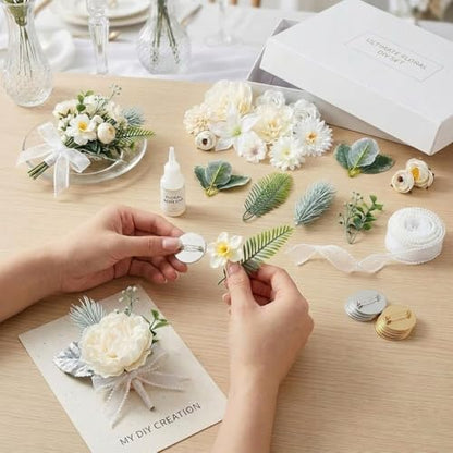 48 White Artificial Flowers, 12 Leaves, 1 Roll White Ribbon 4cm 50Yards, 10 Brooch Pins, DIY Floral Arrangement Set for Wedding Reception, Party, Graduation, Holiday Celebration - color: White