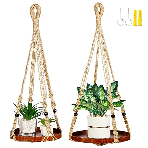2 Pack Macrame Plant Hanger, Hanging Plant Shelf (12" + 10") | Plant Hanger Indoor, Hanging Planter, Hanging Planter Shelf - color: Brown, size: 2-Pack, 1-Tier