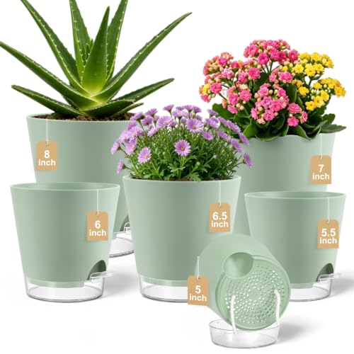 QRRICA 5/5.5/6/6.5/7/8 inch Self Watering Pot Set, Visible Water Level Planter with Transparent Reservoir & Drainage Holes, Plastic Flower Pots with Cotton Rope for Indoor/Outdoor Use (Green) - color: Green