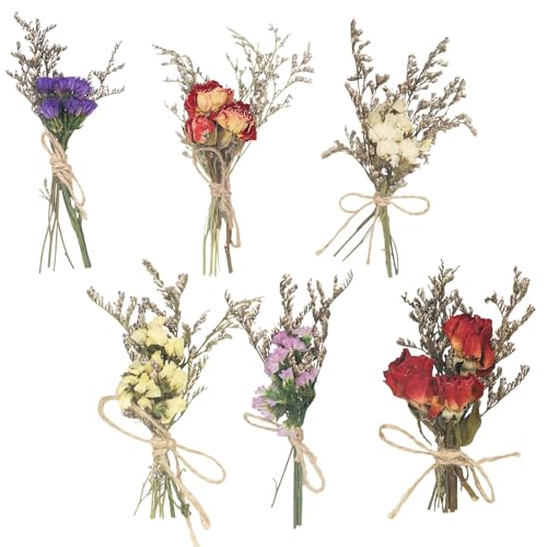 Demonwer 6 Style Mini Dried Flowers Bouquet Forget Me Not Lavender Rose Bouquets Natural Dried Flower with Stem Artificial Embossing Dry Arrangement for Vase DIY Craft Photo Props Wedding Decoration - color: Style 1- 6 Pcs