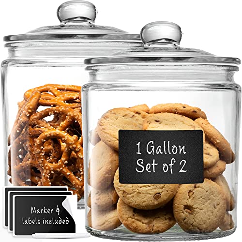 1 Gallon Glass Cookie Jars + Labels & Marker - Set of 2 Canister Sets for Kitchen Counter with Airtight Lids, Sugar Packet Holders Food Storage Containers with Lids Airtight for Pantry, Flour, Sugar.