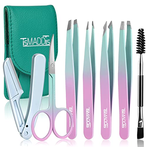 TsMADDTs 7 pcs Tweezers for Women Facial Hair, Precision Tweezer Set for Eyebrows with Curved Scissor and Eyebrow Razor for Ingrown Hair - color: Green