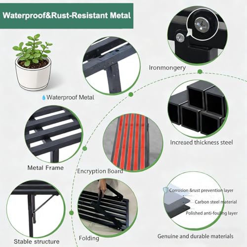 Foldable Single Tier Plant Stand, Heavy Duty Iron Plant Shelf，Anti-Rust Waterproof Flower Pot Stand, Tool-Free Quick Fold, Modern Plant Display for Indoor Outdoor Patio Balcony Garden Livingroom Windowsill ,Plant Lovers, Display Stand （L33" x H7.8" x W9.7