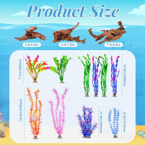 Jexine 18 Pcs Fish Tank Decorations Aquarium Decor Reptile Tank Accessories Set Include 10 Artificial Plastic Plants 3 Natural Driftwood 3 Rock Cave Decoration 2 Aquarium Skull
