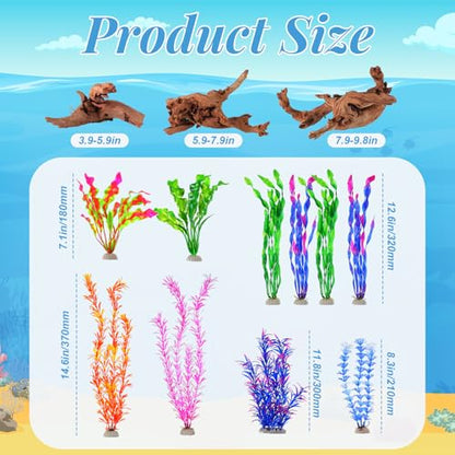 Jexine 18 Pcs Fish Tank Decorations Aquarium Decor Reptile Tank Accessories Set Include 10 Artificial Plastic Plants 3 Natural Driftwood 3 Rock Cave Decoration 2 Aquarium Skull