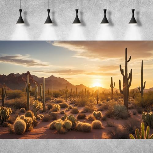 Sunset Desert Reptile Habitat Background Silhouette of Saguaro Cactus Arid Mountain Range Terrarium Background Cacti Sand with Dunes Aquarium Background Desert Mountain Fish Tank Background 30x18in - color: Cactus Orange, size: 30(W)x18(H)in