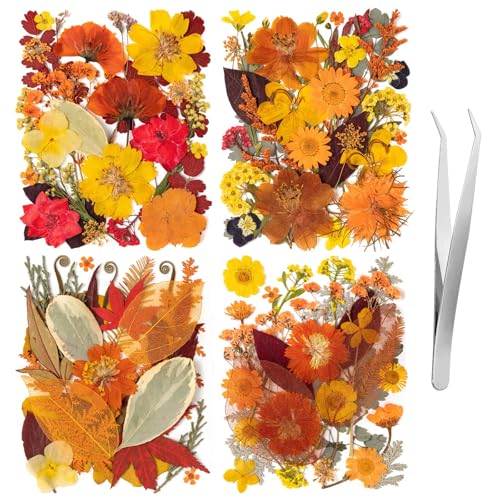 140 Pcs Fall Dried Pressed Flowers with Tweezer, Fall Themed Real Dried Flowers Leaves for DIY Crafts Resin Molds, Yellow Orange Dried Flowers for Autumn Halloween Thanksgiving Decorations - size: Fall 140pcs