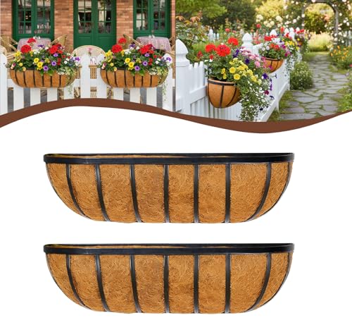 2 Pcs 16“ Railing Planter Window Box Deck Railing Planters Boxes with Coco Liner English Horse Trough Planters Metal Wall-Mounted Planter Basket for Outdoor Balcony Porch Fence Patio Rail - size: 16 Inch