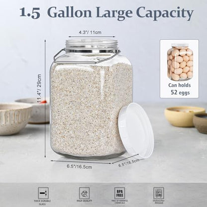 1.5 Gallon/5700 ML Glass Jar with Lid, Wide Mouth, Large Mason Jar, 2 Pack | BPA-Free, Food Grade, Clear Glass Storage Containers with 4.3" Wide Mouth, Airtight Screw Lid, Metal Handle and Scale Mark - size: 1.5 Gallon