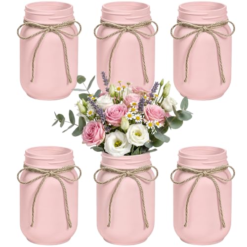 6Pcs Pink Mason Jar Glass Flower Vases for Centerpieces | Farmhouse Rustic Decorative Vases with Twine, Wedding & Home Table Decor, Multi-Purpose Vase Bulk, Floral Arrangements - color: Pink
