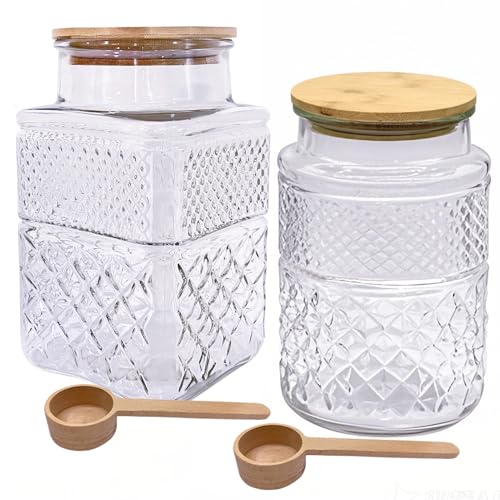 60oz Coffee and Sugar Container Set of 2 Glass Jar with Airtight Lid - color: Clear, size: Round 60 oz & Square 60 oz