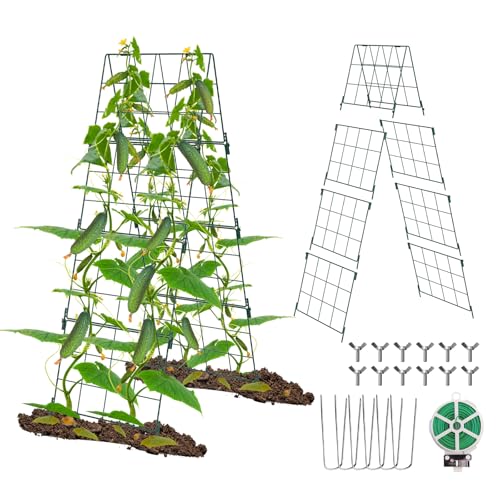 Heavy Duty 48"x16" Adjustable A-Frame Cucumber Trellis for Climbing Plants,iGreely Foldable Frame Rust-Proof Metal Trellis with Dense Grid,Perfect for Raised Beds, Garden,Tomatoes,Outdoor(Green)