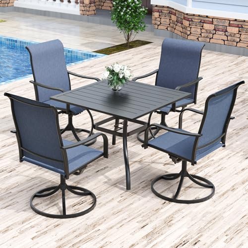 Anmutig Outdoor Dining Set for 4, 35" Square Table & 4 Swivel Chairs, Blue | Weather-Resistant Textilene, Powder-Coated Steel Frame, Umbrella Hole, Easy Assembly, Balcony, Garden, Backyard, Poolside - color: Blue, size: Table-35"*35", style: Arm Style1