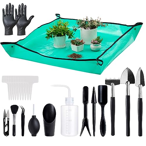 Melphoe 25Pcs Mini Garden Hand Transplanting Succulent Tools Set, 39.4" Thickened Repotting Mat & Plant Tag, Miniature Planting Indoor Fairy Care, Potting, Cactus, Houseplant Bonsai Tool Kit (Black) - color: Black