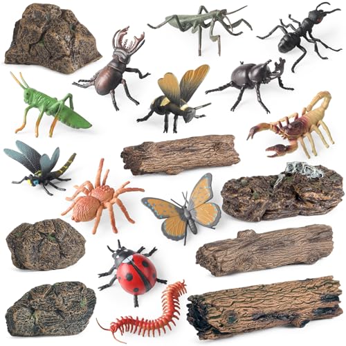 19 Pcs Mini Resin Bug Animals Figures Toys and Fake Rock Scene | Inclusion Spider Ladybug Scorpion Dragonfly, Garden Landscape Scene, Christmas Party Animal Birthday Cake Toppers Decorations