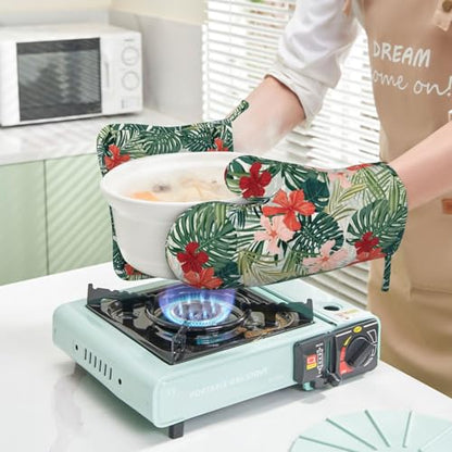 Tropical Floral Oven Mitts and Pot Holders for Heat Resistant Hawaiian Plant Silicone Oven Mittens and Jungle Palm Leaf Hibiscus Potholders Gloves Hot Pads for Kitchen Cooking Baking Grilling - color: Red Green