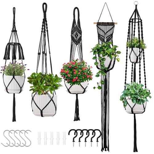 Macrame Plant Hangers 5Pack, Handmade Cotton Rope Hanging Planters | 5 Set Hooks, hanging plant holders, flower pots holder, plant hanger indoor outdoor for boho home decor, fits 6-8 inch pots - color: Black