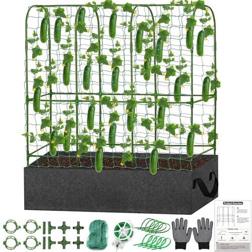 U-Shape Cucumber Trellis with Fabric Raised Garden Bed 65x50 Inch Metal Garden Arch Trellis with Net, Climbing Plants Vegetables Heavy-Duty Outdoor Plant Support for Pea, Grape, Squash, Tomatoes - size: 1pack 65 x 50 Inch