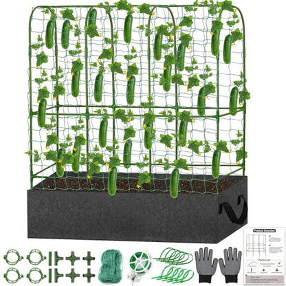 U-Shape Cucumber Trellis with Fabric Raised Garden Bed 65x50 Inch Metal Garden Arch Trellis with Net, Climbing Plants Vegetables Heavy-Duty Outdoor Plant Support for Pea, Grape, Squash, Tomatoes - size: 1pack 65 x 50 Inch