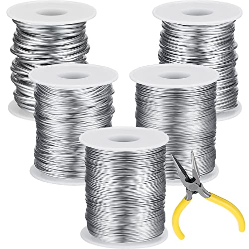 Kenning 5 Sizes Jewelry Wire 9, 12, 18, 20, 22 Gauge Aluminum Metal Wire Kit for Jewelry Making Crafts Beading Bendable Cable, Sculpting, Armature with a Pliers, 5 Rolls, Silver