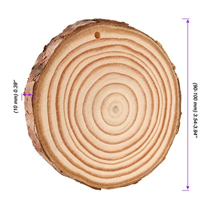 JOIKIT 50PCS 3.5-4 Inches Natural Wood Slices with Pre-drilled Hole, 2/5" Thick Round Ornaments Unfinished Wood Circles Bulk with Bark for Craft Arts, Christmas, DIY Painting, Wedding Decorations - size: 3.5-4 Inch 50 PCS Hole